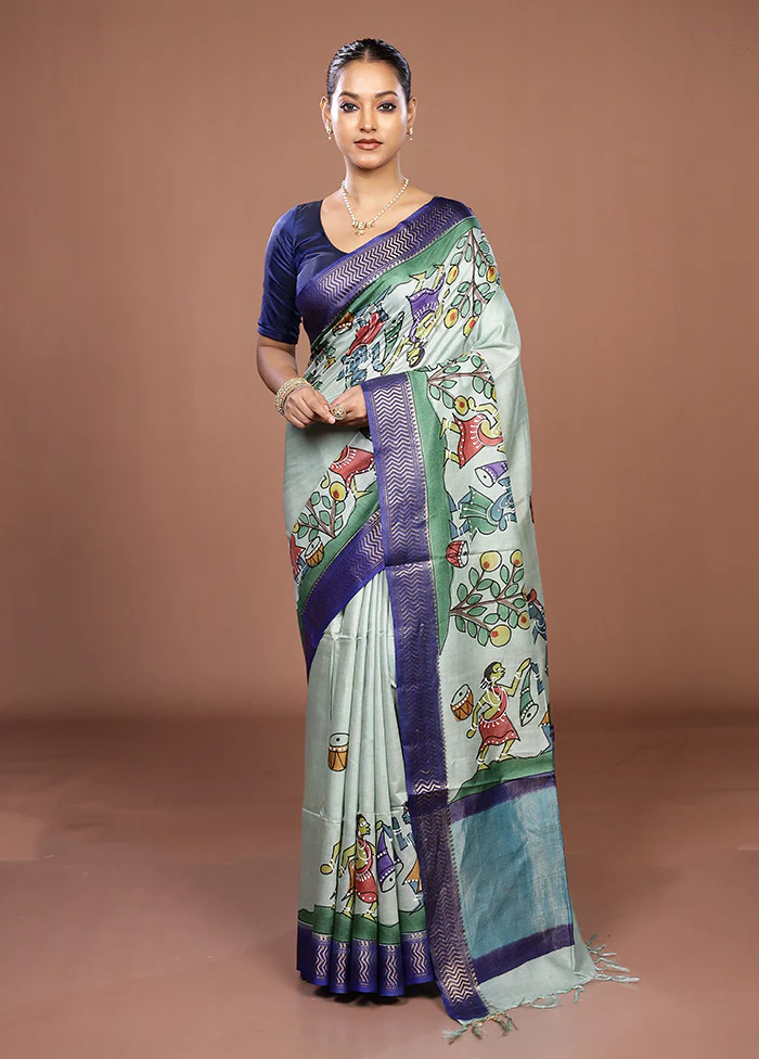 Green Handloom Tussar Pure Silk Saree With Blouse Piece - Image 2