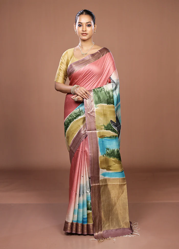 Peach Handloom Tussar Pure Silk Saree With Blouse Piece - Image 2