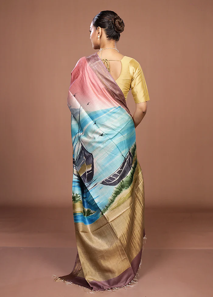 Peach Handloom Tussar Pure Silk Saree With Blouse Piece - Image 3