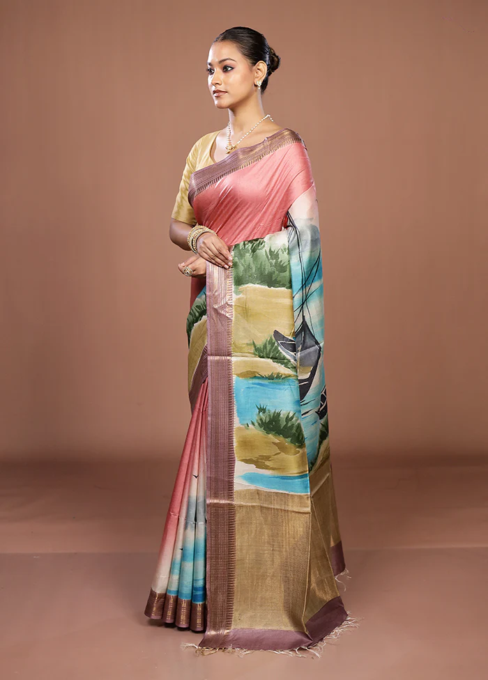 Peach Handloom Tussar Pure Silk Saree With Blouse Piece - Image 4