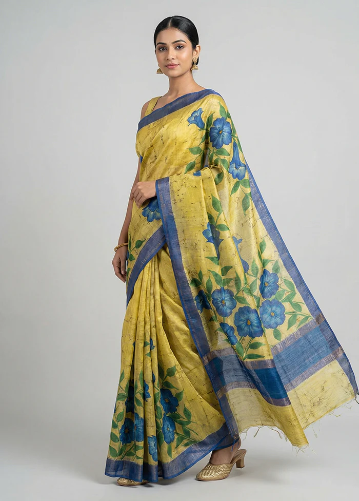 Green Handloom Tussar Pure Silk Saree With Blouse Piece