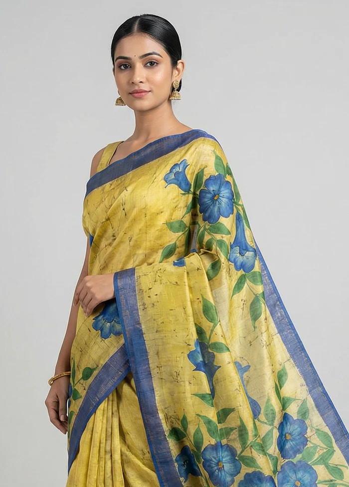 Green Handloom Tussar Pure Silk Saree With Blouse Piece - Image 2