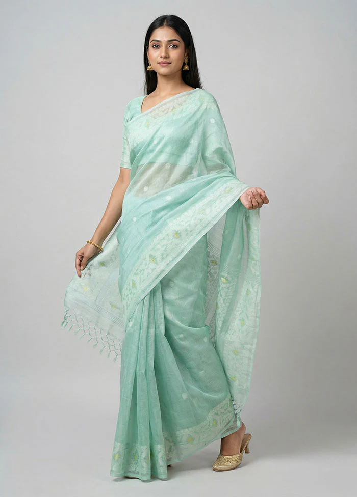 Green Handloom Tussar Pure Silk Saree With Blouse Piece