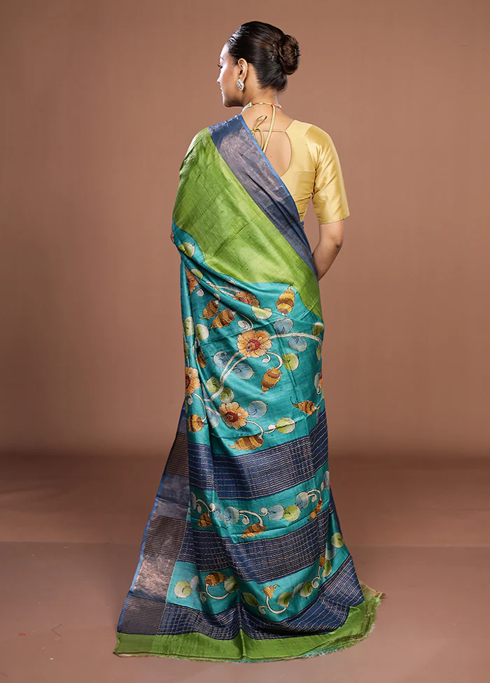 Green Handloom Tussar Pure Silk Saree With Blouse Piece - Image 3