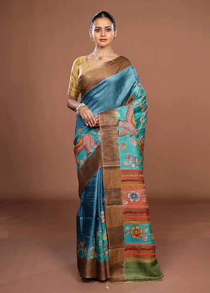 Blue Handloom Tussar Pure Silk Saree With Blouse Piece - Image 2