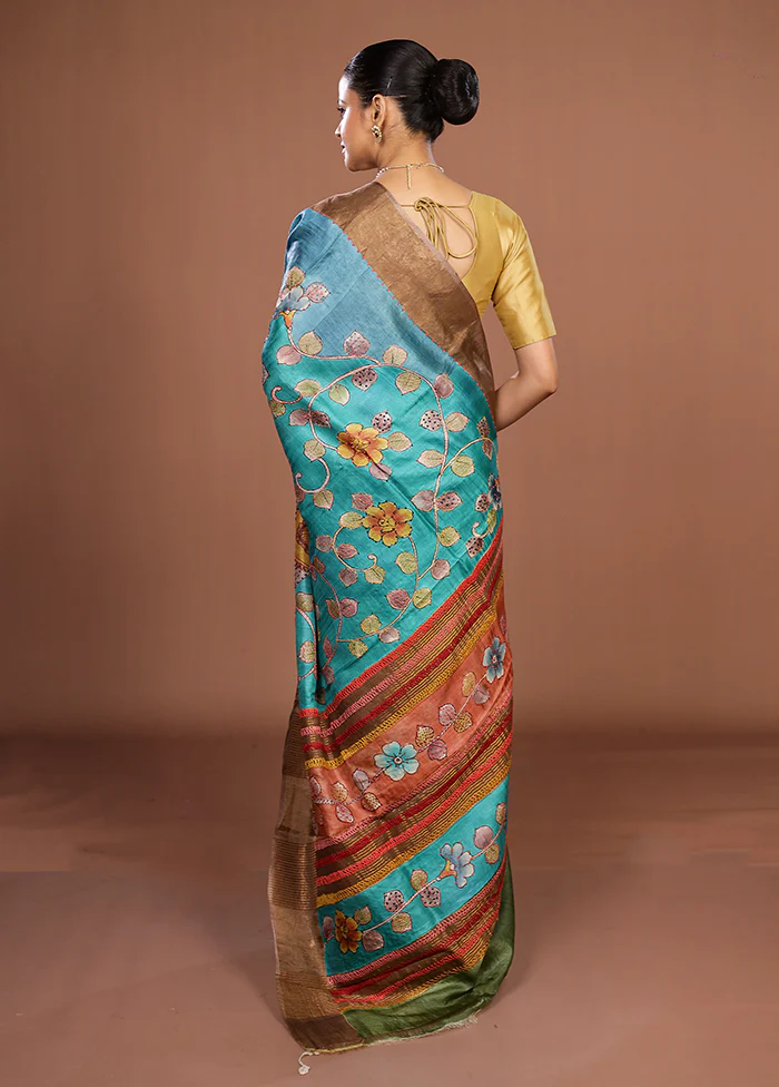 Blue Handloom Tussar Pure Silk Saree With Blouse Piece - Image 3