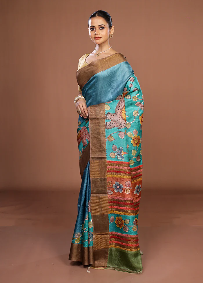 Blue Handloom Tussar Pure Silk Saree With Blouse Piece - Image 4