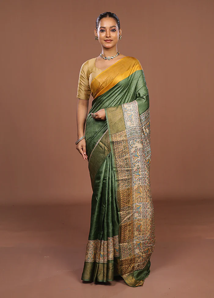 Green Handloom Tussar Pure Silk Saree With Blouse Piece - Image 2