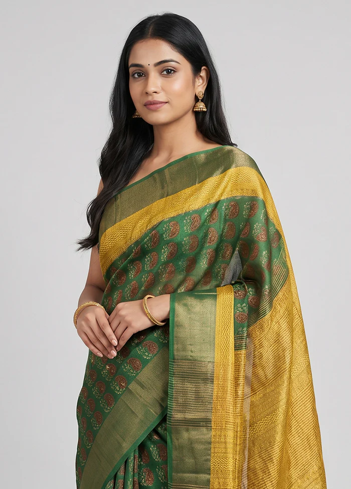 Green Handloom Tussar Pure Silk Saree With Blouse Piece - Image 2