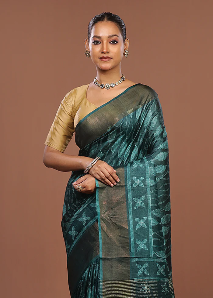 Green Handloom Tussar Pure Silk Saree With Blouse Piece