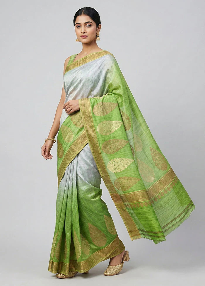 Green Handloom Tussar Pure Silk Saree With Blouse Piece