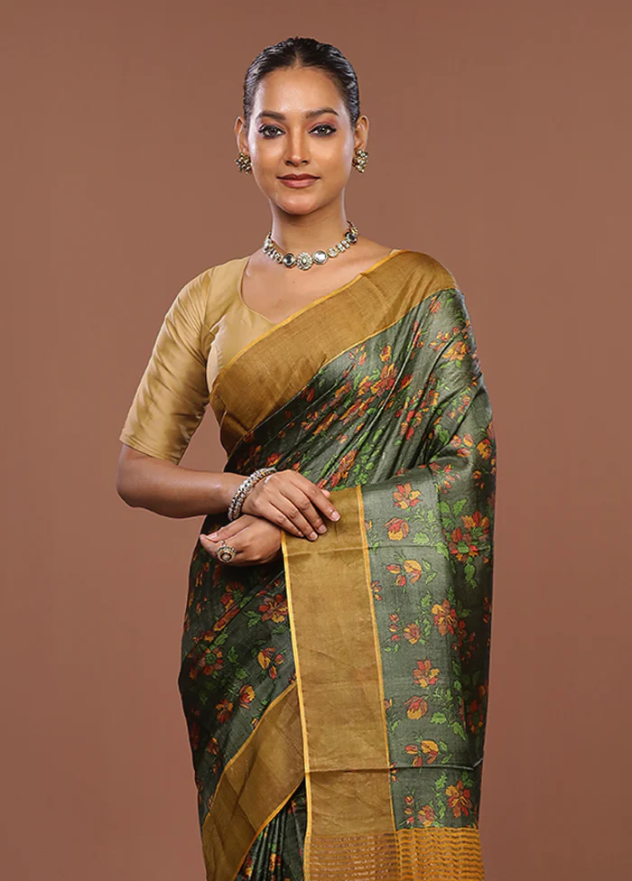 Green Handloom Tussar Silk Saree With Blouse Piece