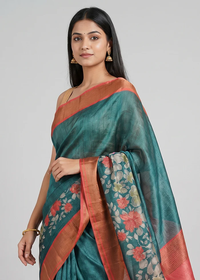 Green Handloom Tussar Pure Silk Saree With Blouse Piece - Image 2