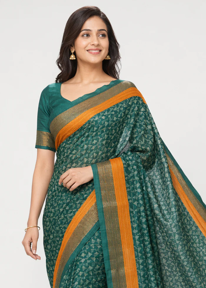 Green Handloom Tussar Pure Silk Saree With Blouse Piece - Image 2
