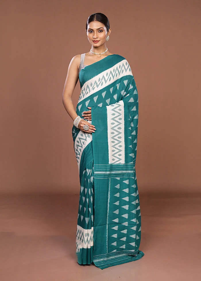 Green Ikkat Cotton Saree Without Blouse Piece - Image 2
