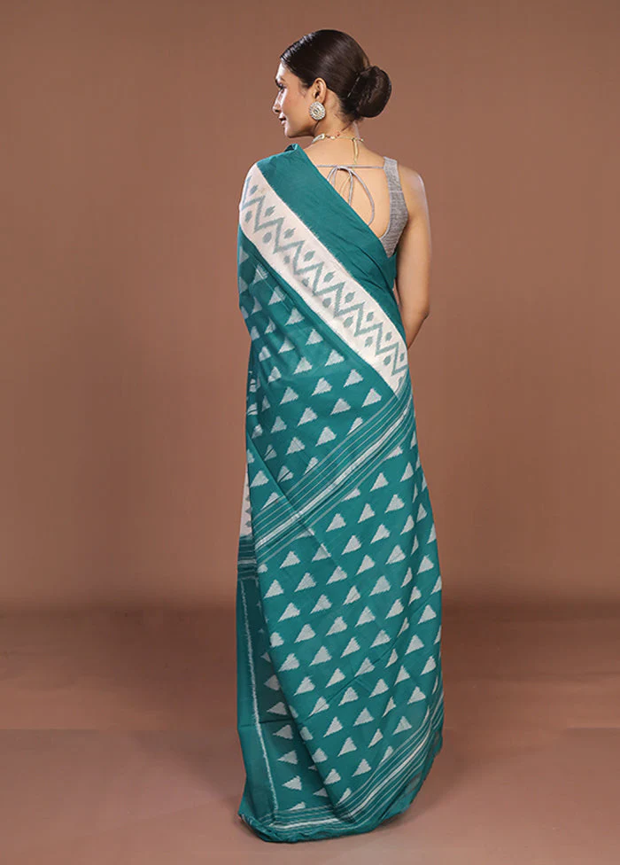 Green Ikkat Cotton Saree Without Blouse Piece - Image 3