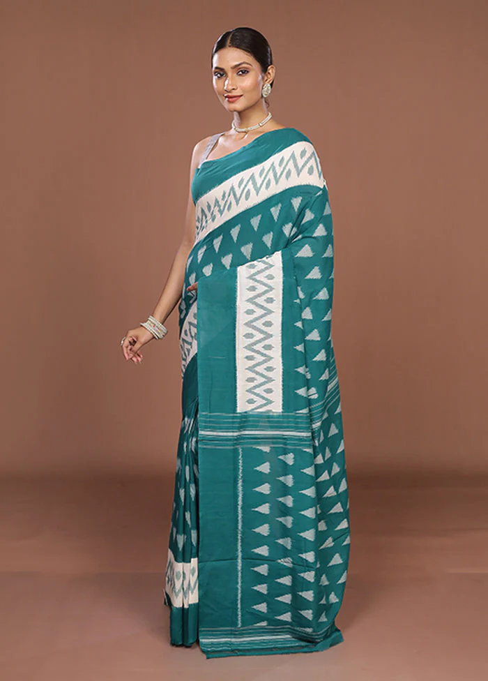 Green Ikkat Cotton Saree Without Blouse Piece - Image 4