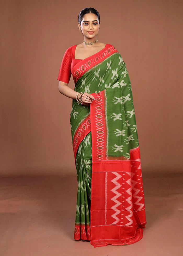 Green Ikkat Cotton Saree Without Blouse Piece - Image 2