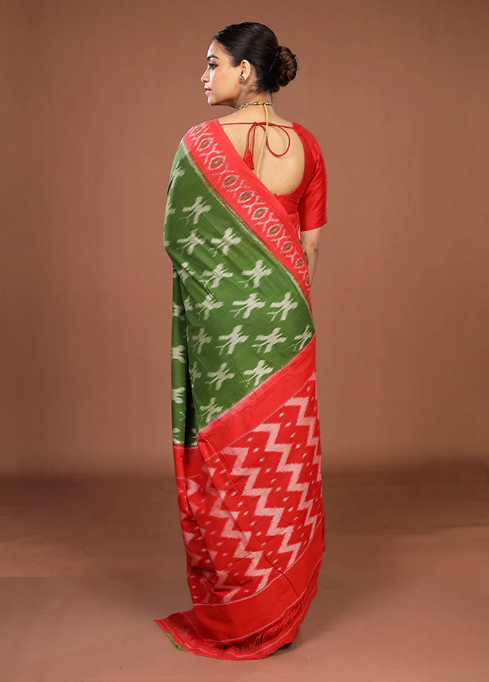 Green Ikkat Cotton Saree Without Blouse Piece - Image 3