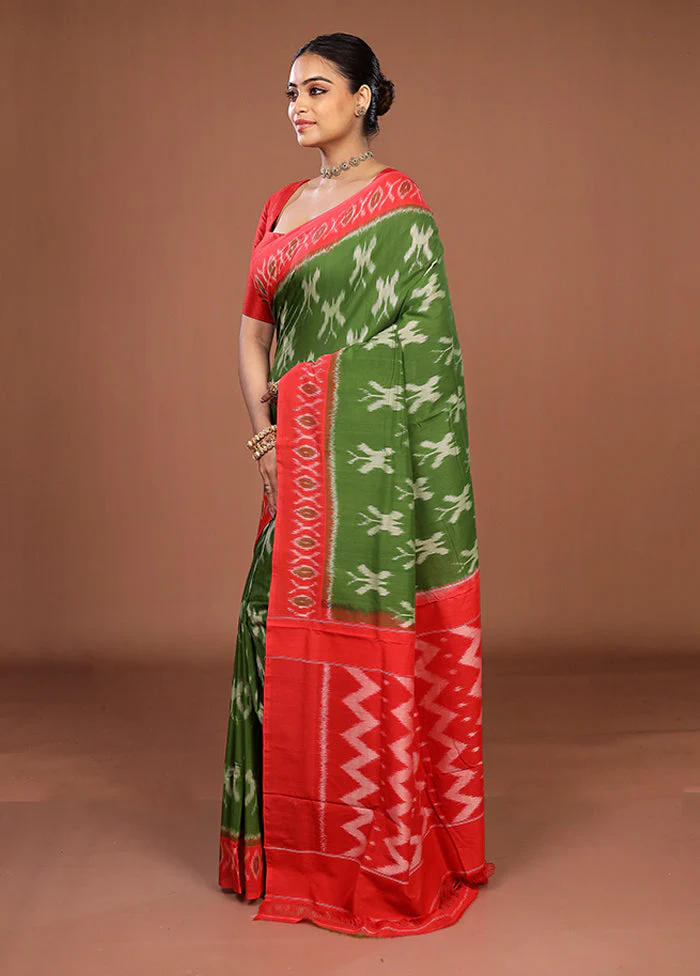 Green Ikkat Cotton Saree Without Blouse Piece - Image 4