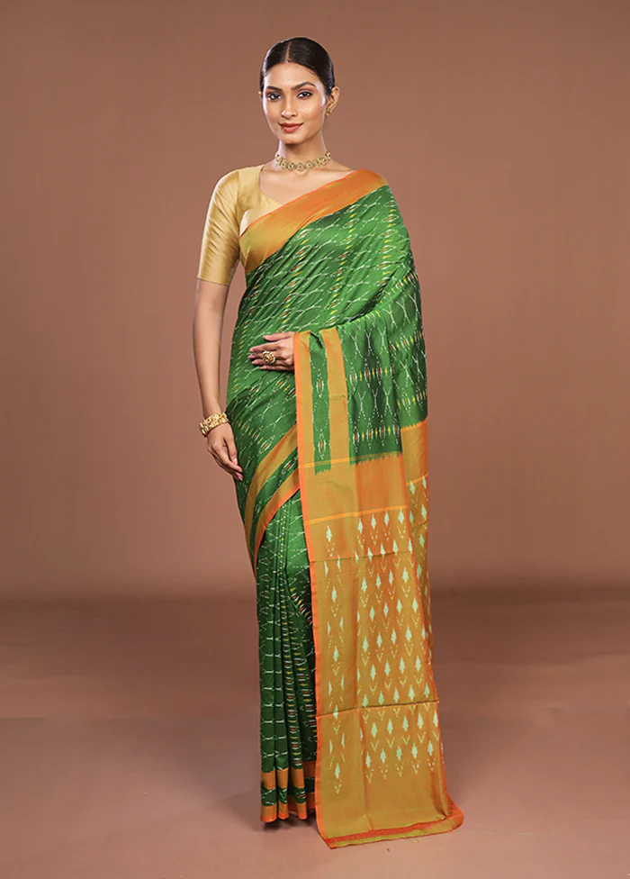 Green Ikkat Silk Saree With Blouse Piece - Image 2