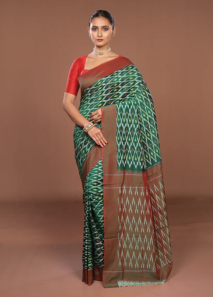 Green Ikkat Silk Saree With Blouse Piece - Image 2