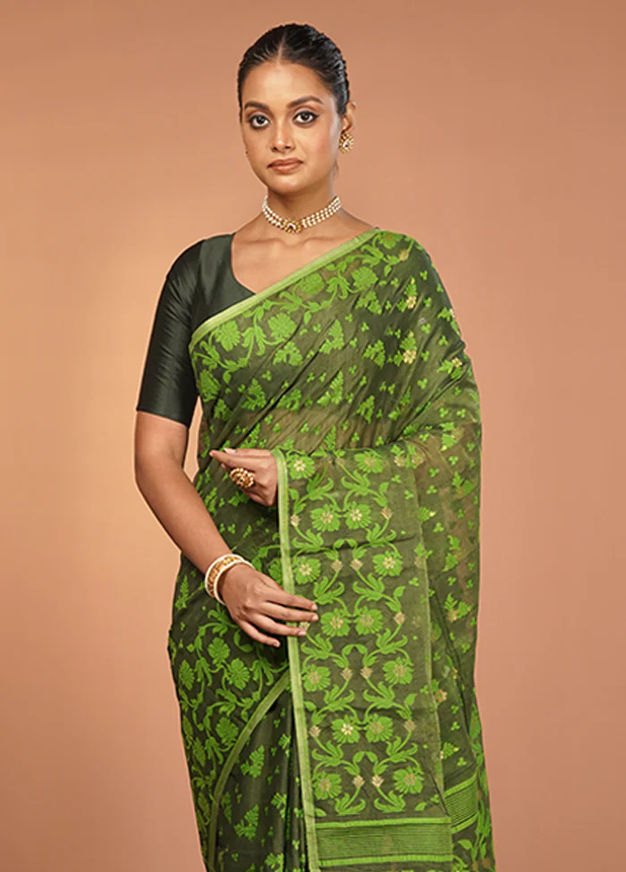 Green Jamdani Cotton Saree Without Blouse Piece