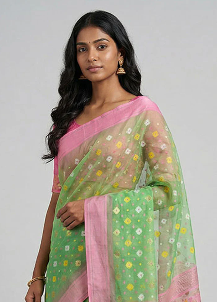 Green Jamdani Cotton Saree Without Blouse Piece - Image 2