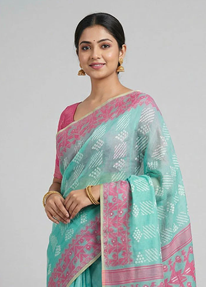 Green Jamdani Cotton Saree Without Blouse Piece - Image 2