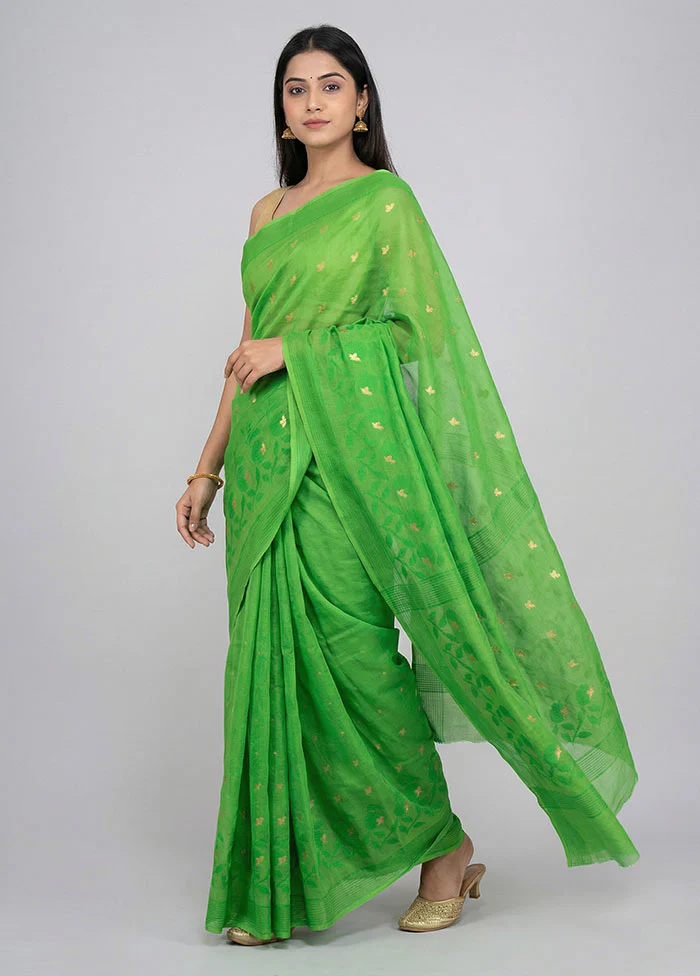 Green Jamdani Cotton Saree Without Blouse Piece