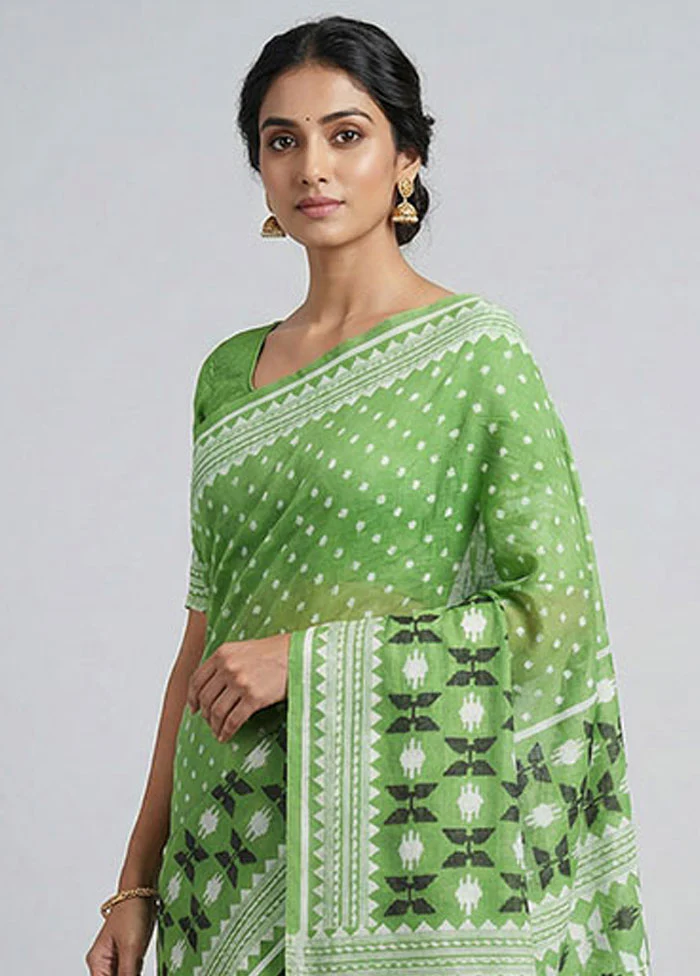 Green Jamdani Cotton Saree Without Blouse Piece - Image 2