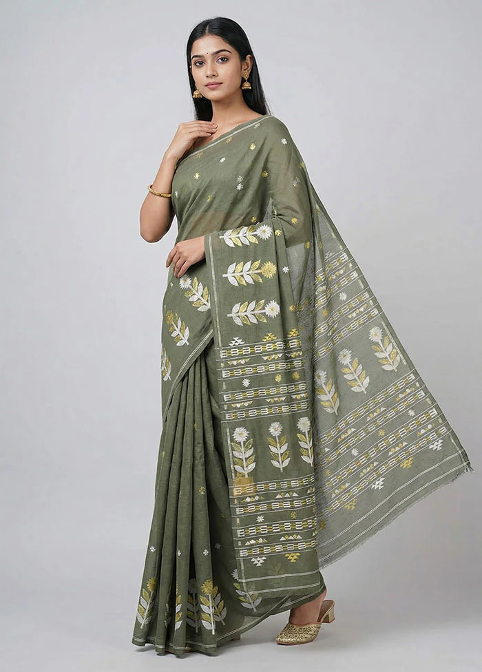 Green Jamdani Cotton Saree Without Blouse Piece