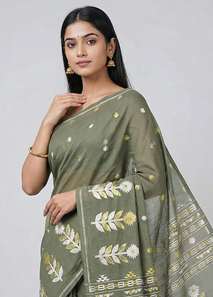 Green Jamdani Cotton Saree Without Blouse Piece - Image 2