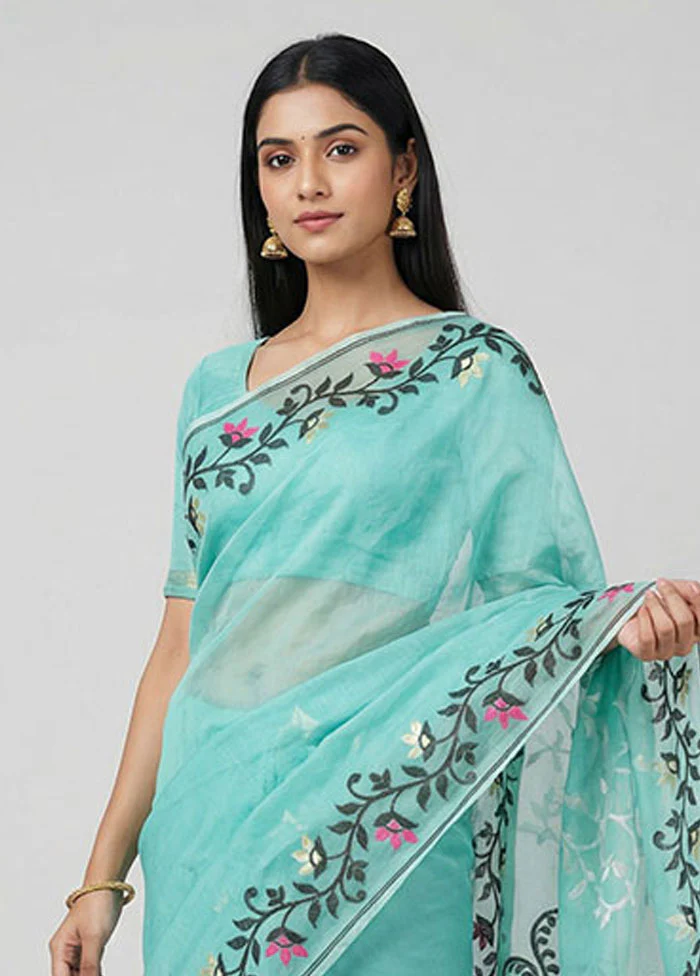 Green Jamdani Cotton Saree Without Blouse Piece - Image 2