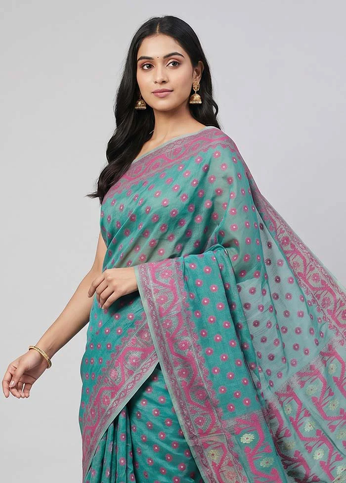 Green Jamdani Cotton Saree Without Blouse Piece - Image 2