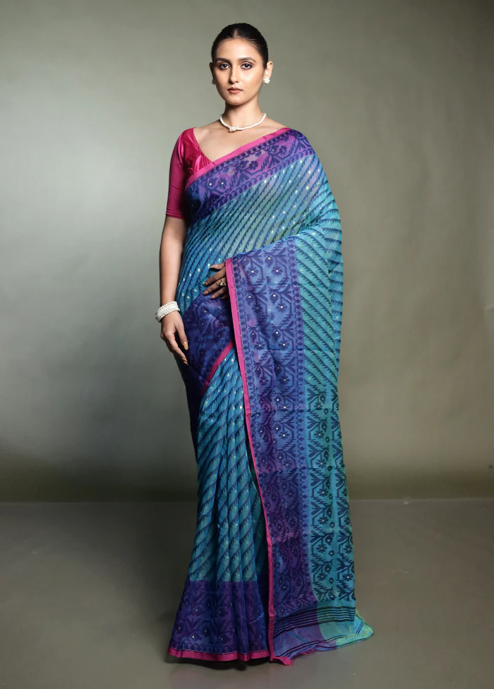 Green Tant Jamdani Saree Without Blouse Piece - Image 2