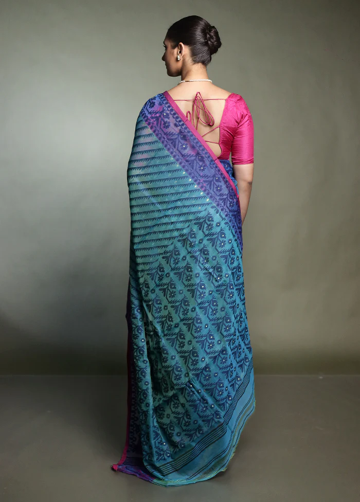 Green Tant Jamdani Saree Without Blouse Piece - Image 3