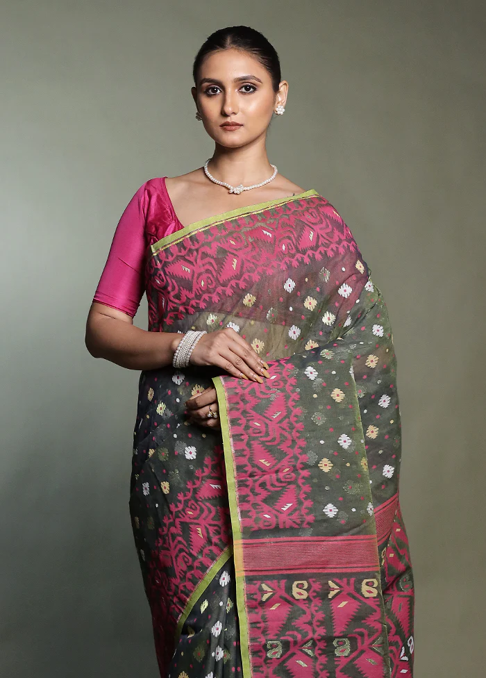 Green Tant Jamdani Saree Without Blouse Piece