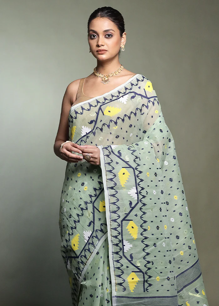 Green Tant Jamdani Saree Without Blouse Piece