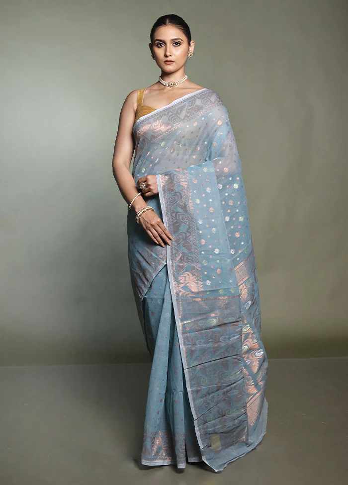 Green Tant Jamdani Saree Without Blouse Piece - Image 2