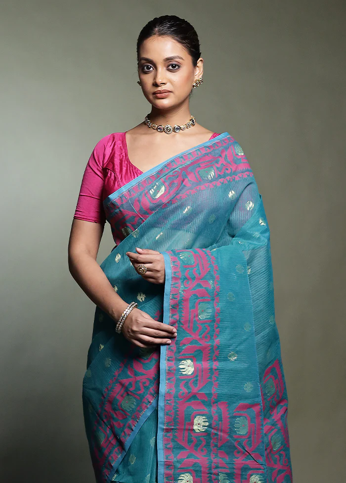 Green Tant Jamdani Saree Without Blouse Piece