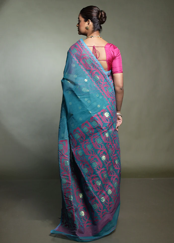 Green Tant Jamdani Saree Without Blouse Piece - Image 3
