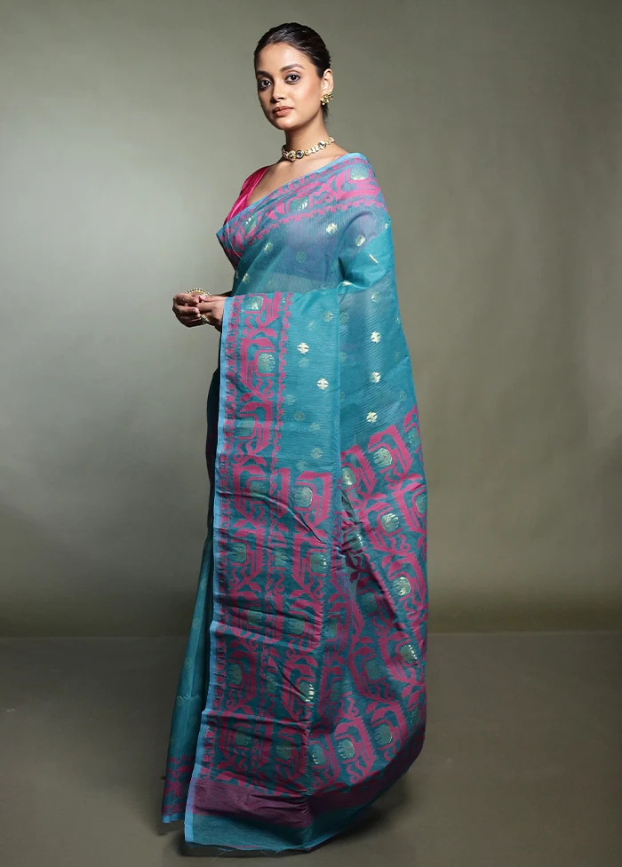 Green Tant Jamdani Saree Without Blouse Piece - Image 4