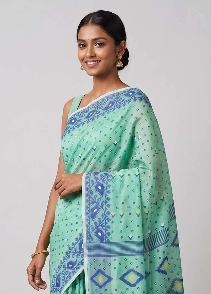 Green Jamdani Cotton Saree Without Blouse Piece - Image 2