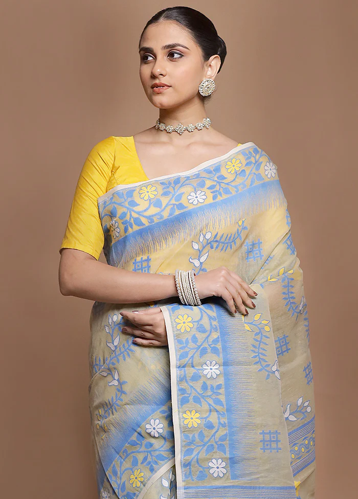 Cream Tant Jamdani Saree Without Blouse Piece - Image 2