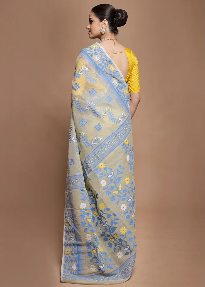 Cream Tant Jamdani Saree Without Blouse Piece - Image 3