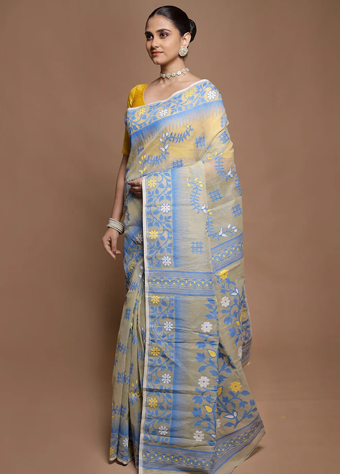 Cream Tant Jamdani Saree Without Blouse Piece - Image 4