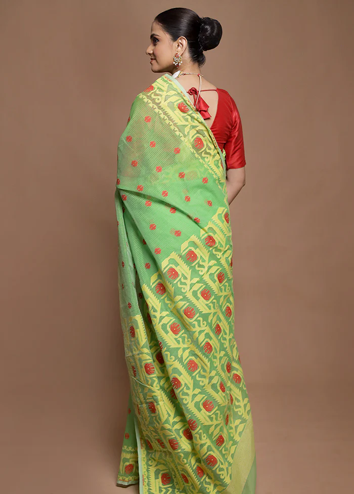 Green Tant Jamdani Saree Without Blouse Piece - Image 3