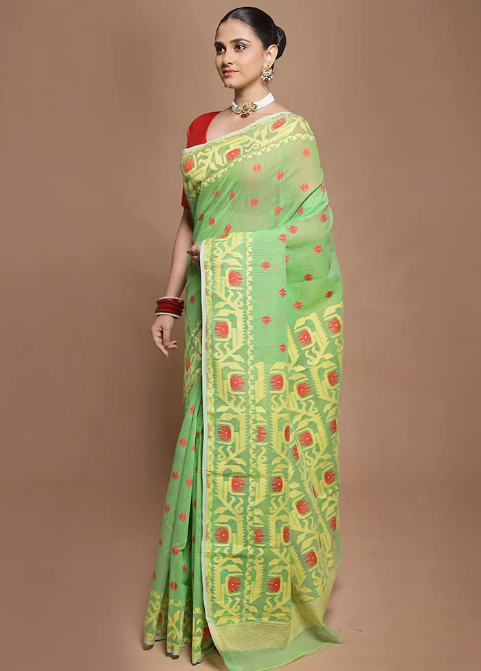 Green Tant Jamdani Saree Without Blouse Piece - Image 4