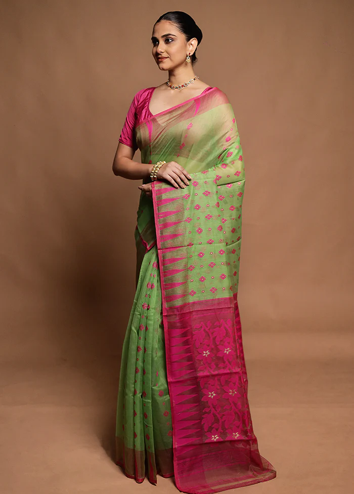 Green Tant Jamdani Saree Without Blouse Piece - Image 4